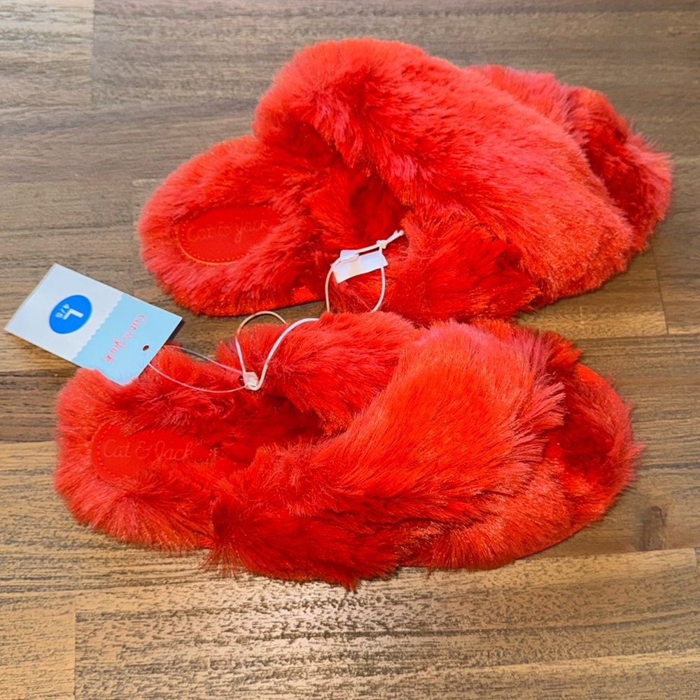 Cat & Jack Youth Girls Orange/Brooklyn Crossband Fur Slippers, Large 4/5, NWT - Picture 3 of 4